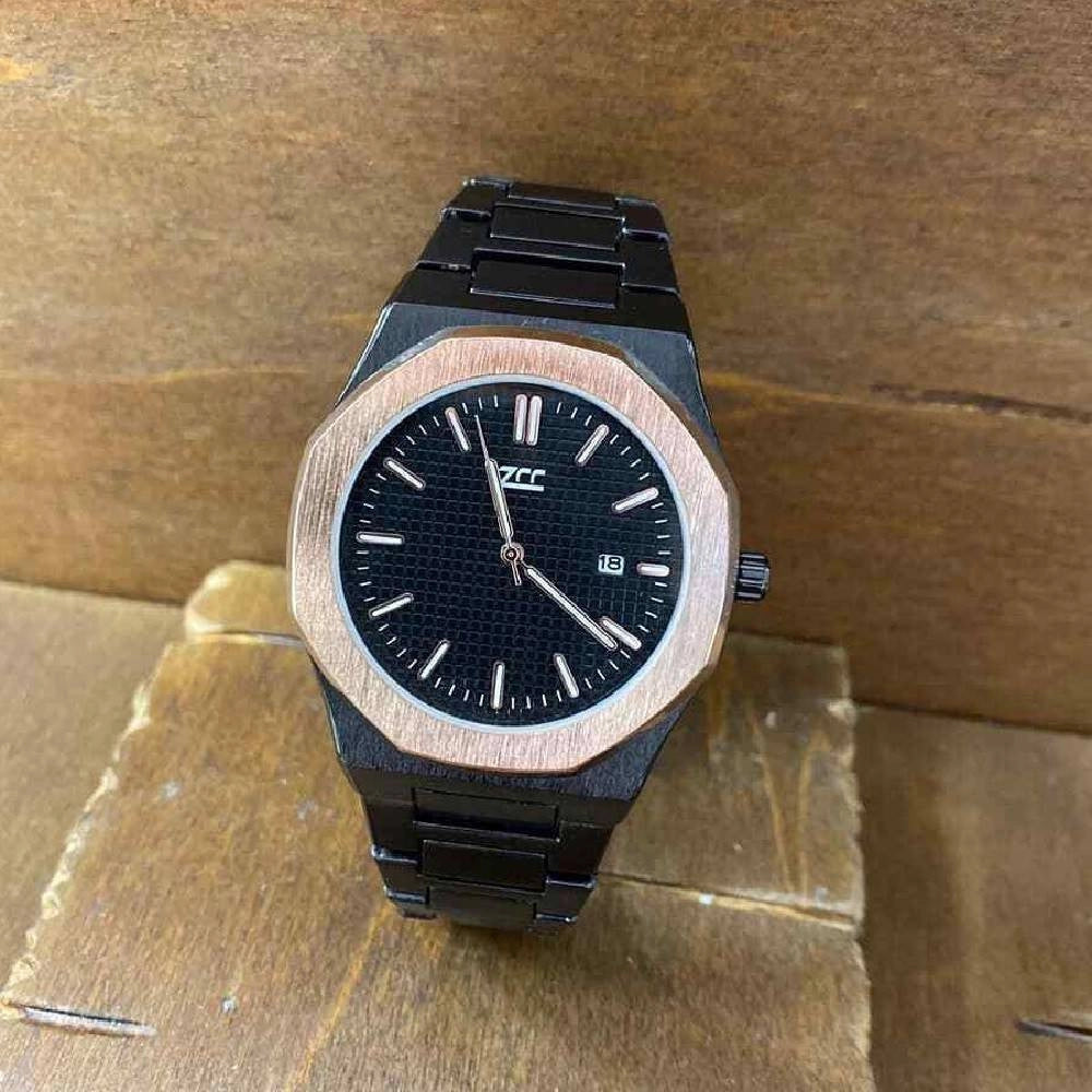 Trade Shop - Orologio Da Polso Zcc Uomo Al Quarzo Data Elegante Nero Rose Gold Fondo Nero -