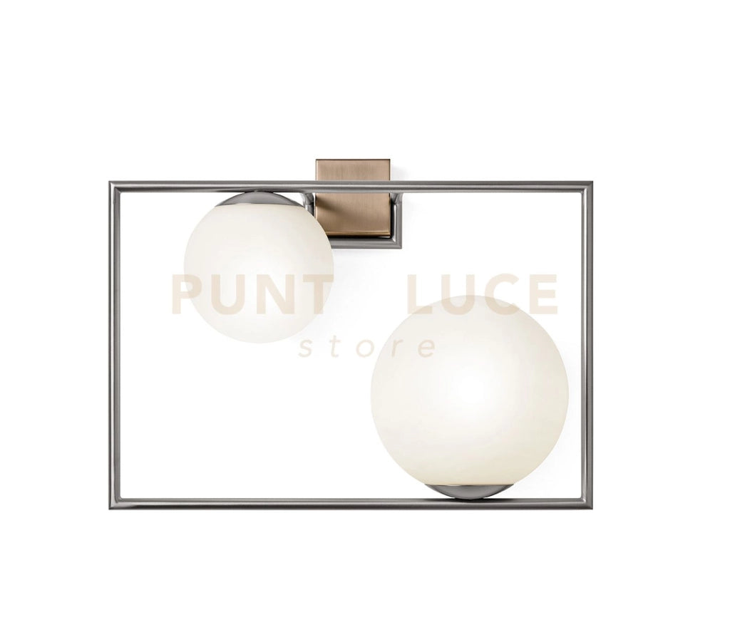 BUBLE APPLIQUE A PARETE 2 SFERE ACCIAIO SPAZZOLATO PARTICOLARI BRONZO ATTACCO E27