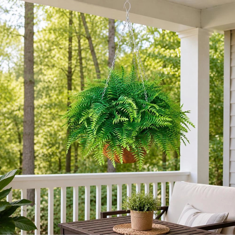Artificial Ferns, 2 Pcs Fake Hanging Boston Fern Bush Plant With 23 Inch Hanging Length, Plastic Faux Greenery For Indoor And Outdoor Decor, For Wall, Wedding Party, Home, Porch Garden, Office