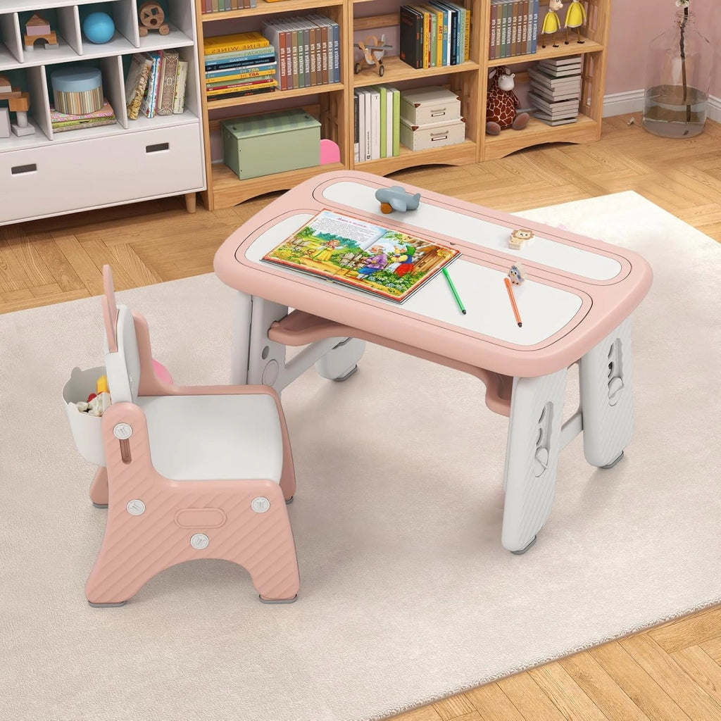 Set Tavolo e Sedia per Bambini, Tavolo e Sedia per Bambini con Mensola Ribaltabile, Lavagna Magnetica Cancellabile, Altezza Regolabile, per Camera da Letto, Sala, Giochi per Ragazzi (Rosa)