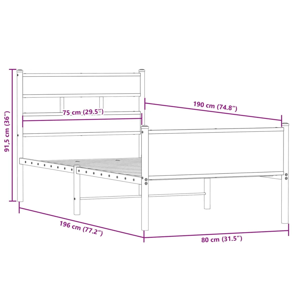 Letto singolo | Letto per adulti | Giroletto senza Materasso Rovere Fumo 75x190 cm in Truciolato