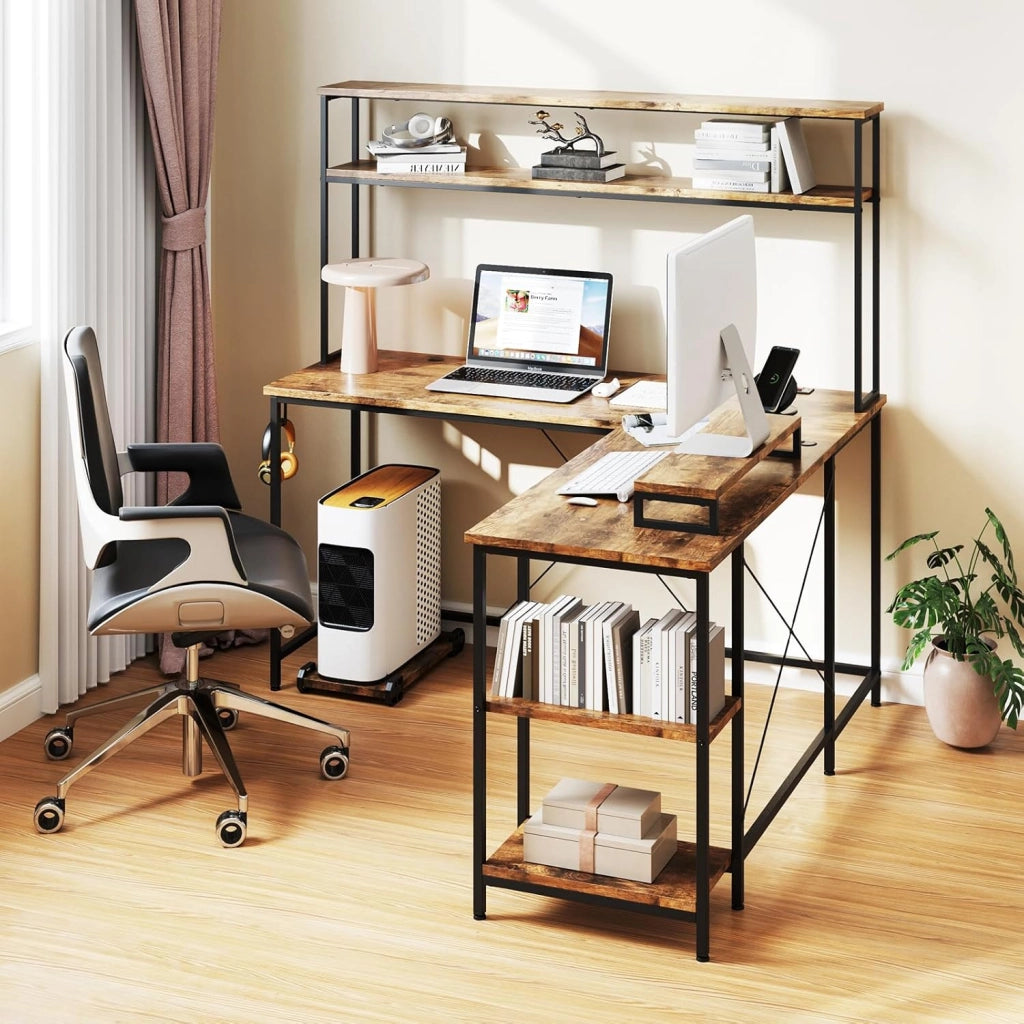 Scrivania per computer a forma di L convertibile con LED, ripiani aperti e supporto per monitor, gancio laterale, stazione di ricarica, 145 x 145 cm, per ufficio, studio (marrone)