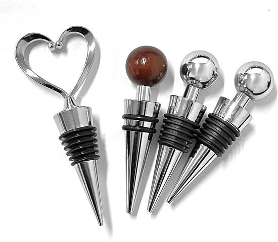Set di Stopper per Bottiglie a 4 pezzi - Stopper per Bottiglia - Stopper per Vino Divertente - Forma a Cuore/Forma Rotonda/Forma a Bolla Rossa - Materiale di Alta Qualità/Kunststoff/Aluminium - Conserva il Vino Fresco - Stopper per Bottiglia