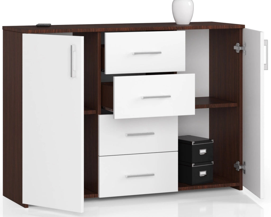 Cassettiera AKORD K45 Cassettiera Wengé 110 cm 2 ante 4 cassetti inserto frontale Bianco 110x35x80 cm