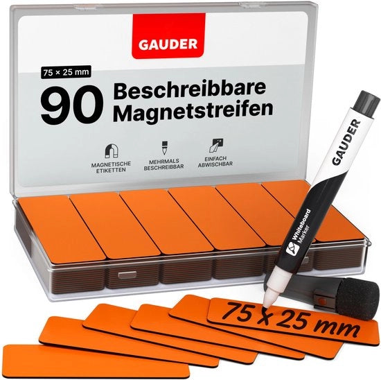 Etichette magnetiche descrittive - tavole magnetiche riutilizzabili per lavagne, pannelli didattici, tabelle Kanban e frigoriferi - cartellini magnetici con pennarelli (90 pezzi - 75 x 25 mm)