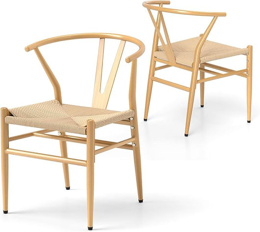Set di 2 Sedie Sala da Pranzo, Sedie Moderna in Metallo con Seduta Intrecciato, Schienale a Forma di Y e Braccioli, Poltrone per Ufficio, Cucina e Ristorante, 46 x 59 x 73 cm (Naturale)