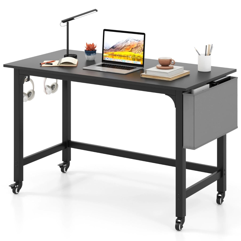 Scrivania per computer con ruote bloccabili borsa rimovibile e ganci per cuffie, Scrivania da ufficio per laptop Nero-Scrivanie