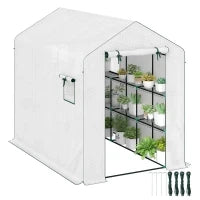 Serra da Giardino 3 m² con 3 Ripiani, PE Rinforzata 135 g/m² Anti-UV, Porta Avvolgibile e Finestre in Rete, 143x215x190cm, Bianco