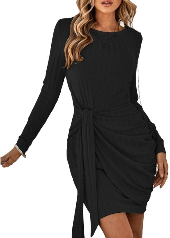 Abito da donna elegante con lunghe maniche - senza spalle - cintura regolabile - pieghettato - abito da cocktail - comodo in poliestere
