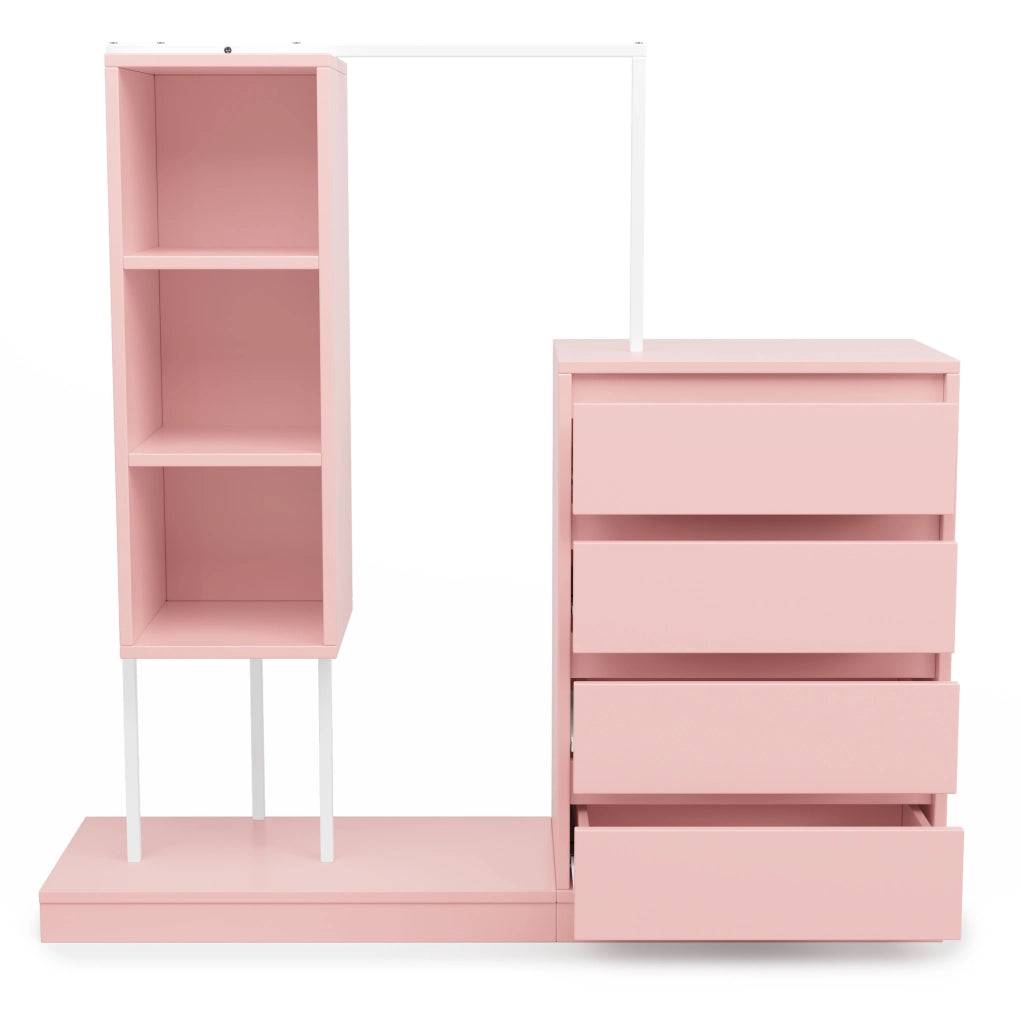 Armadio con cassetti e barra appendiabiti 140x40x135 cm rosa e bianco