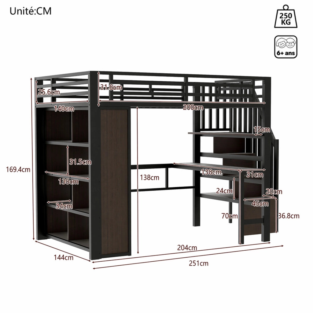 Letto a soppalco 140 × 200 cm con scrivania ripiani scala contenitore LED in metallo e MDF nero