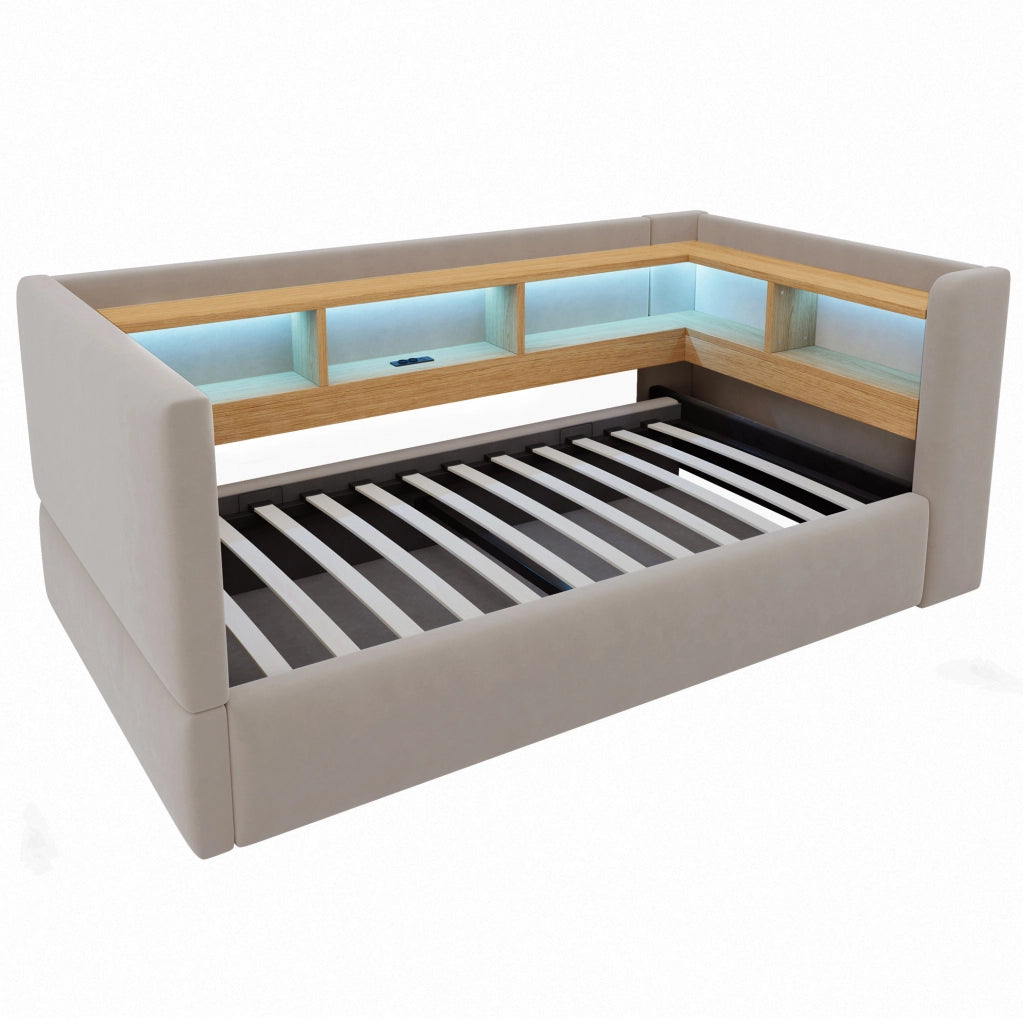 Divano letto imbottito 90x190 cm con vano contenitore; LED e prese; grigio scuro