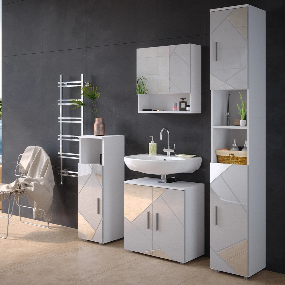 Vicco Set mobili bagno Bianco lucido con inserti 4 parti, con armadio alto