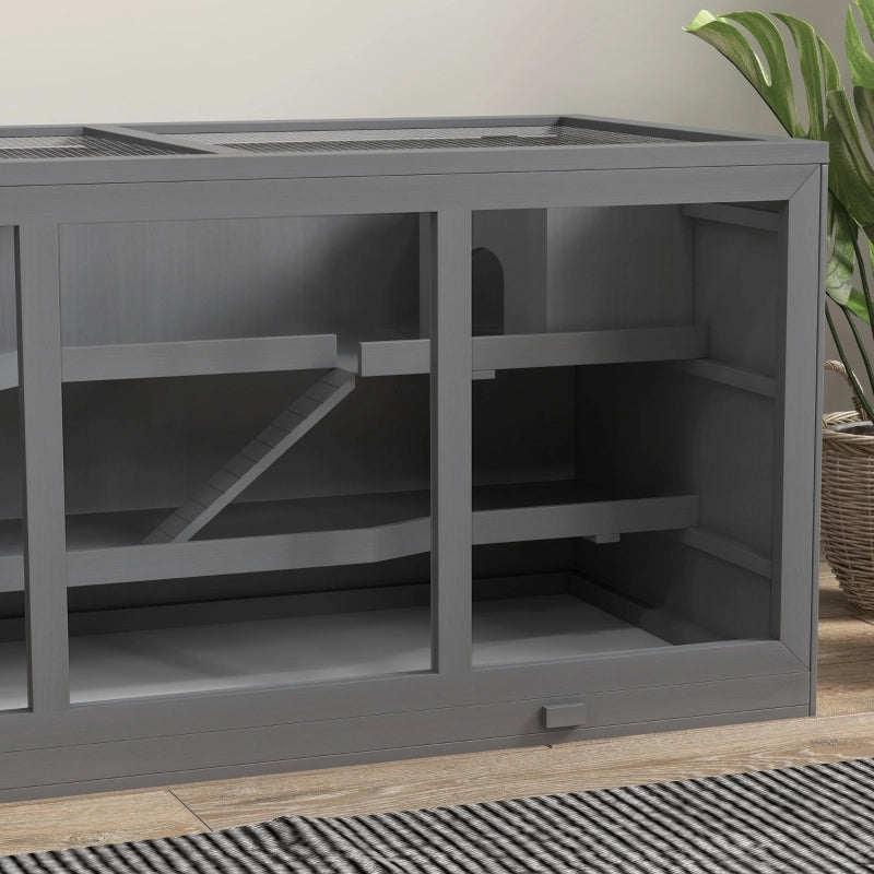 Scaffale in legno per piccoli animali a più livelli con rete metallica e tetto apribile grigio 115 × 57 × 55 cm