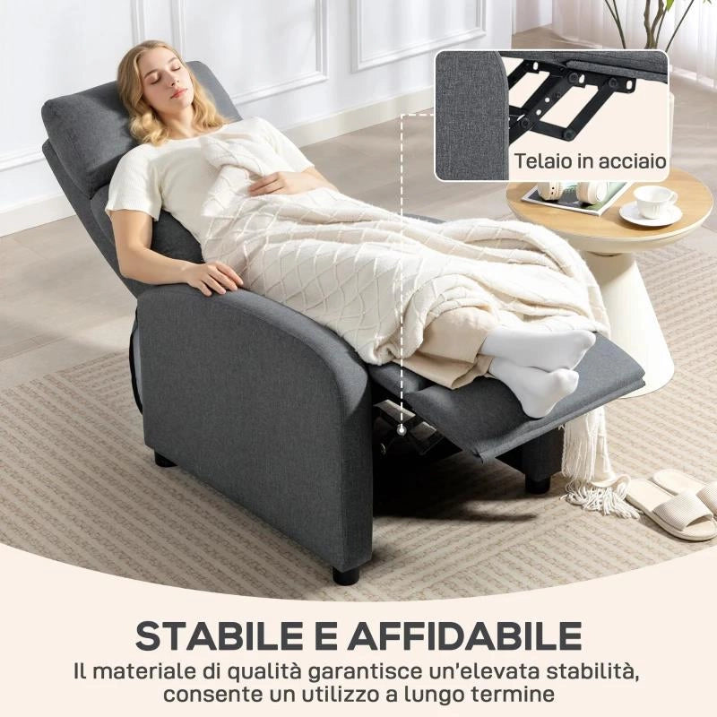 POLTRONA RELAX IMBOTTITA E RECLINABILE A 135¦ E POGGIAPIEDI IN TESSUTO, 69X87X100.5 CM, GRIGIO