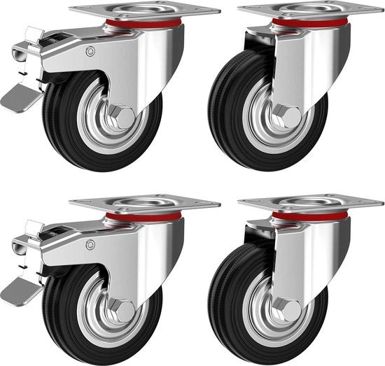 Set di 4 Ruote pesanti 100 mm - Ruote inclinabili con freno - Ruote industriali in gomma massiccia - Ruote per trolley e mobili 130 mm - Adatto per uso interno ed esterno - Portata massima 280 kg ruote pesanti