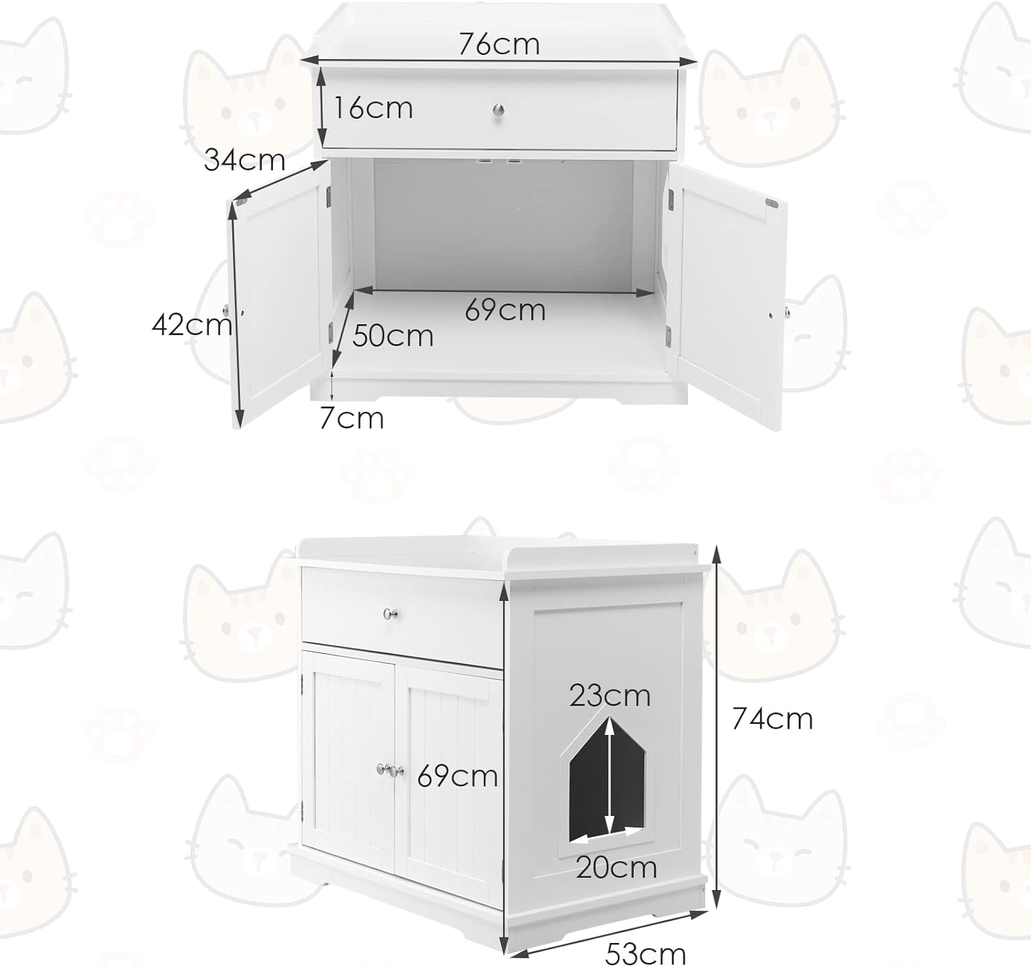 Mobile per Lettiera Gatti in Legno, con Portaoggetti, 2 Ante, Cassetto e Ingresso Laterale, Mobiletto Multiuso per Ingresso e Soggiorno, 76 x 53 x 74 cm, Carico Massimo 30 kg (nero)