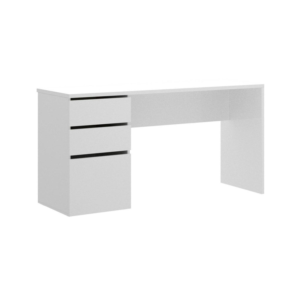 Scrivania Ardina, Scrittoio multiuso da ufficio o cameretta, Tavolo da studio lineare con 2 cassetti e 1 anta, 139x60h75 cm, Bianco