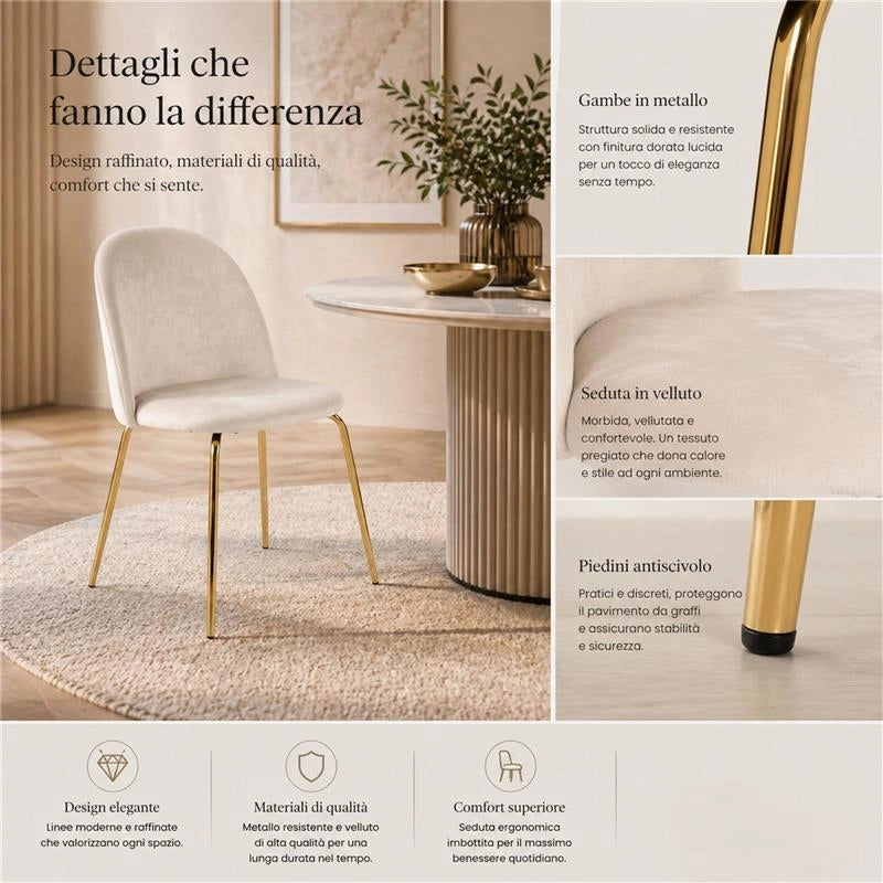 SET 4 SEDIE IN VELLUTO BEIGE CON PIEDI IN METALLO COLOR ORO MISURE: 42X53,5X86,5/47 CM