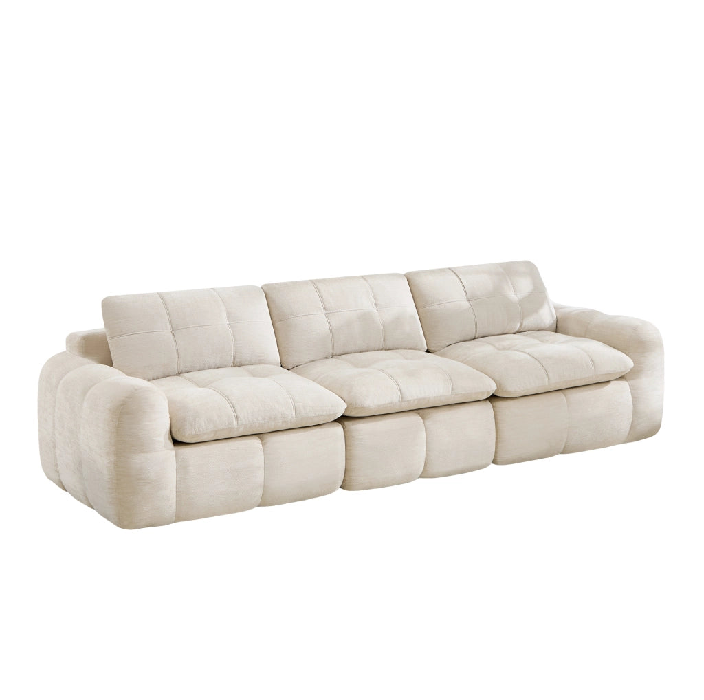 Divano modulare senza telaio in ciniglia beige; 264 x 97 x 68 cm