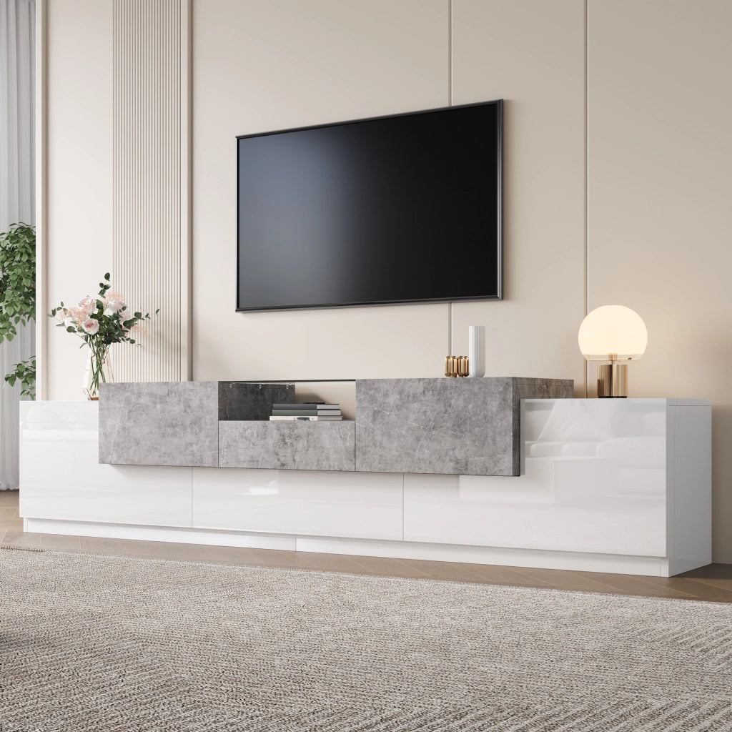 Mobile TV con 4 ante; cassetto e vano aperto; passacavi - per soggiorno - 200×33×48.5 cm - bianco