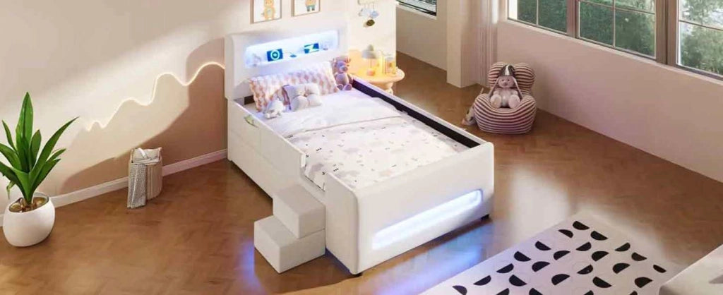 Letto a piattaforma imbottito 90x200 cm bianco con scala, cassetti, luci LED e porta USB
