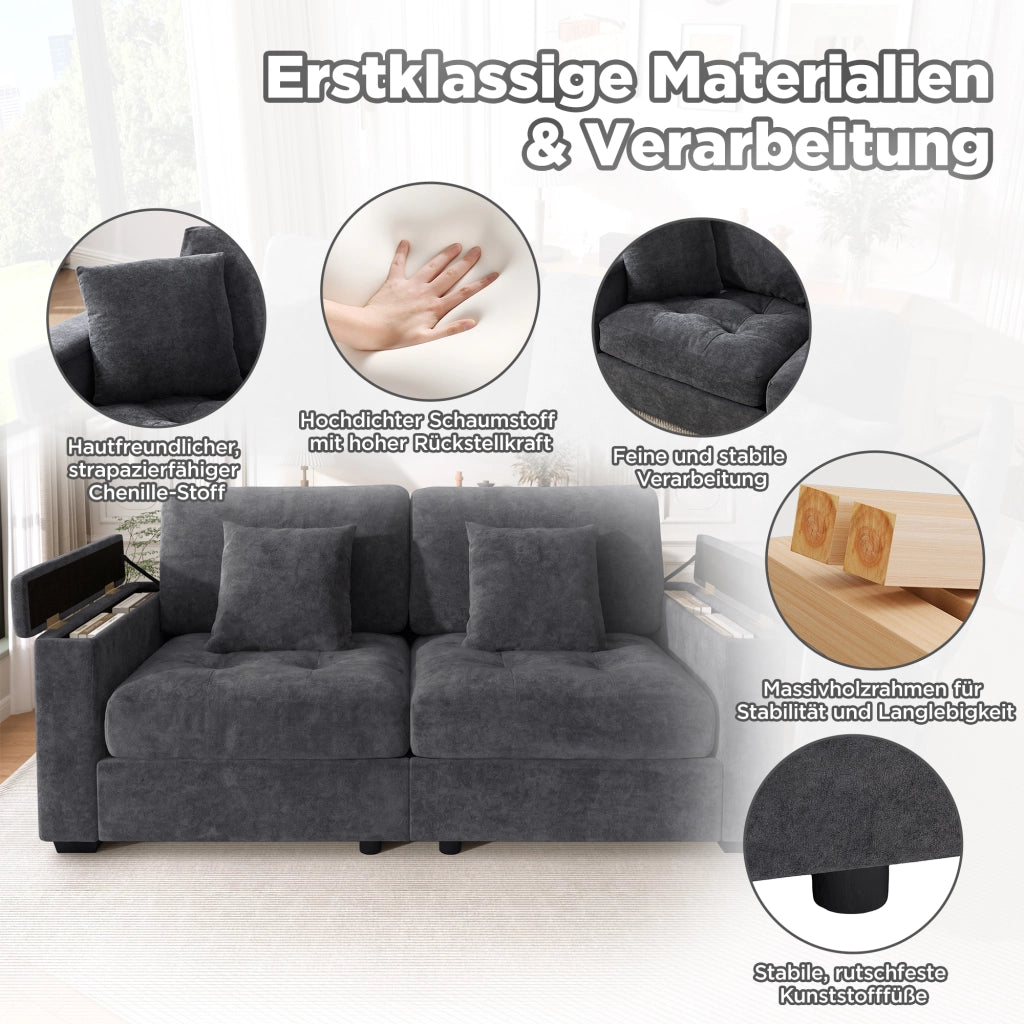 Divano a 2 posti con contenitore nei braccioli e tasche laterali, cuscini inclusi, in chenille grigio scuro