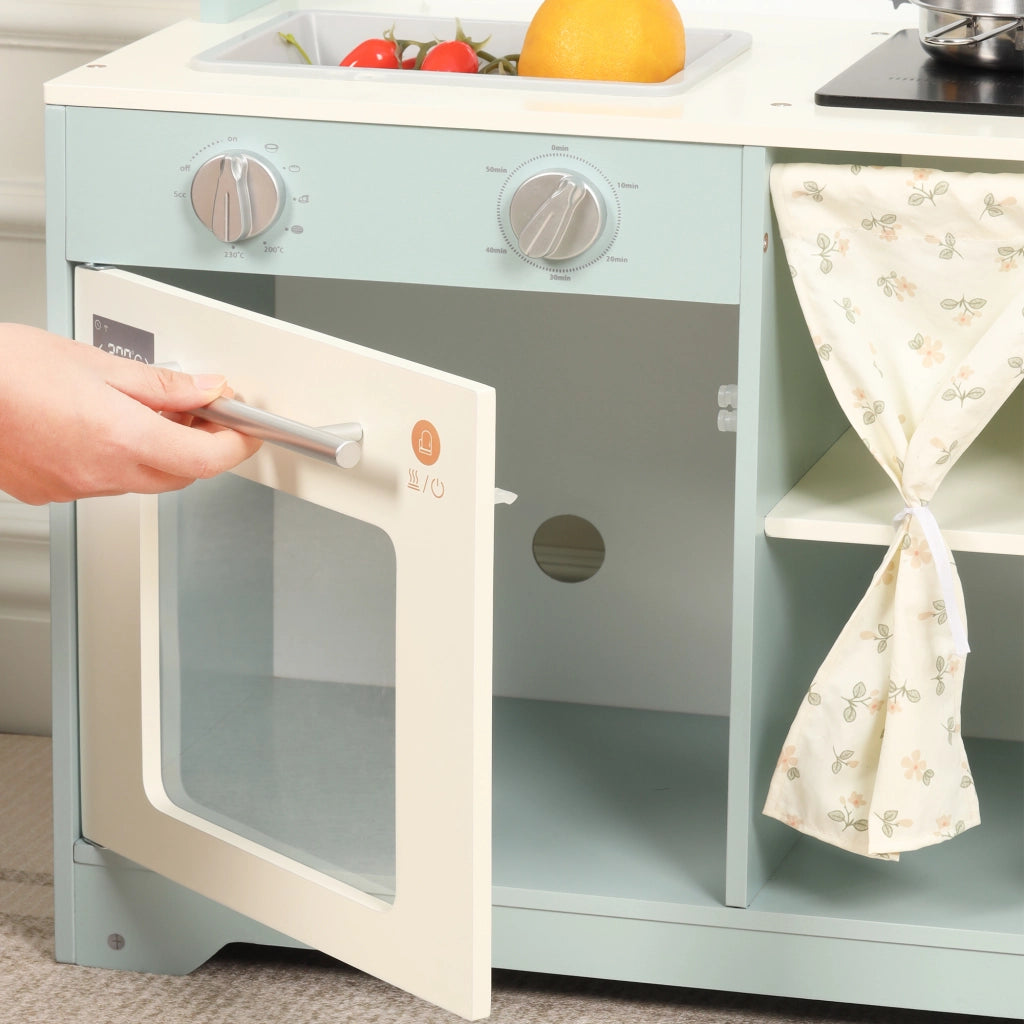 Cucina giocattolo per bambini con fornello, lavello e microonde per cameretta, MDF e plastica, blu, 29×60×81 cm