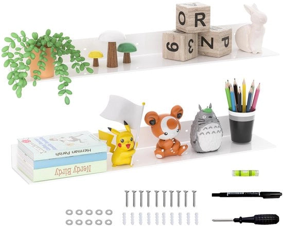 Sistema di decorazione per parete, 2 pezzi (76cm), organizzatore in acrilico con supporto per oggetti, compreso chiave a serramanico.