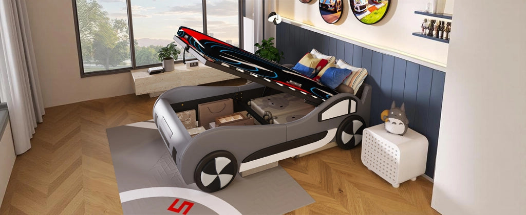 DESMIU Litto per bambini 90 × 200 cm con contenitore idraulico e senza materasso, in MDF e PU, grigio