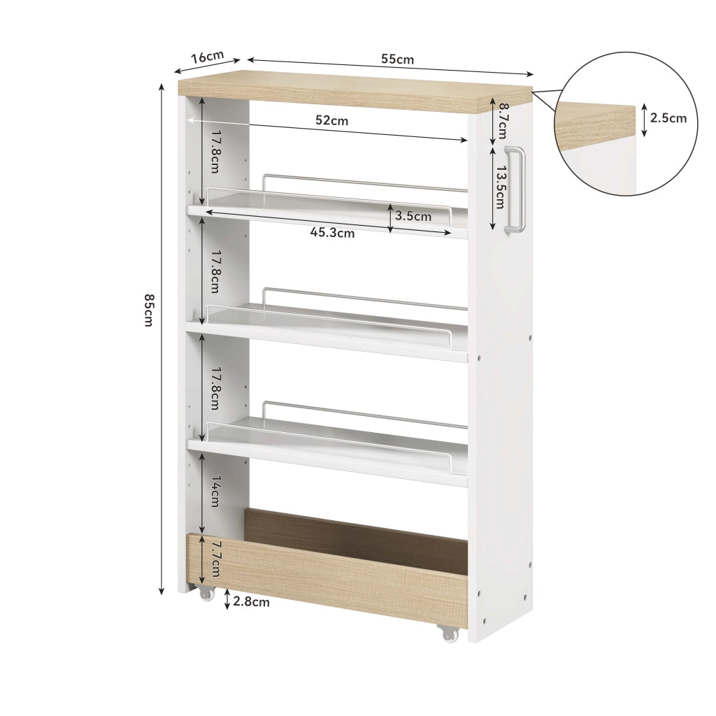 Carrello portaspezie salvaspazio 16 cm con 4 ripiani regolabili, bianco effetto legno, 55x16x85 cm