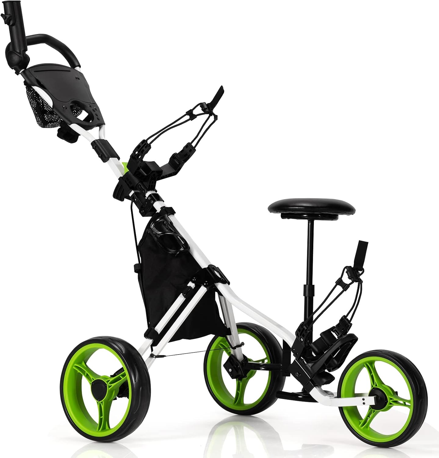 Carrello da Golf Pieghevole con 3 Ruote, Trolley da Golf Altezza Regolabile di Alluminio con Sedile, Porta Ombrello e Porta Bevande