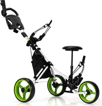 Carrello da Golf Pieghevole con 3 Ruote, Trolley da Golf Altezza Regolabile di Alluminio con Sedile, Porta Ombrello e Porta Bevande