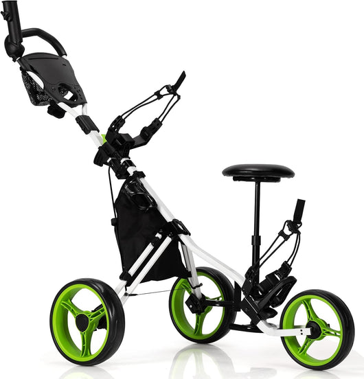 Carrello da Golf Pieghevole con 3 Ruote, Trolley da Golf Altezza Regolabile di Alluminio con Sedile, Porta Ombrello e Porta Bevande