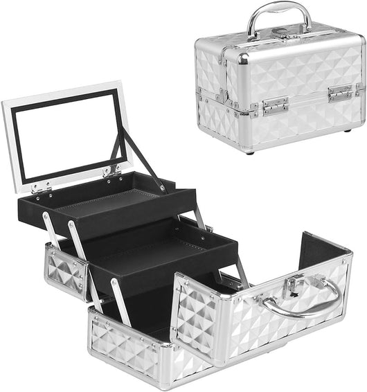 Valigetta Trucchi Valigia, Porta Trucco Portatile, Custodia Cosmetici Viaggio, 3 Portaoggetti, 2 Ripiani Estenbsibili, con Specchio e Maniglia, Stile Metallico, 23x15x18 cm (Argento)