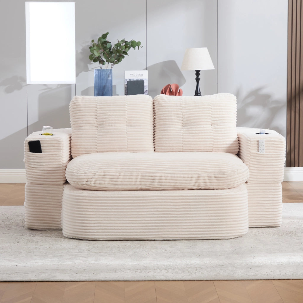 Poltrona letto 2 in 1 - con braccioli rimovibili e doppi portabicchieri - in velluto a coste beige