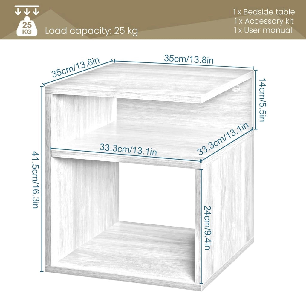 Set di 2 Comodini a 3 Ripiani, Tavolini da Notte Bianchi Moderni per Camera da Letto, Mobili Salvaspazio, in Legno, 35x35x41,5 cm