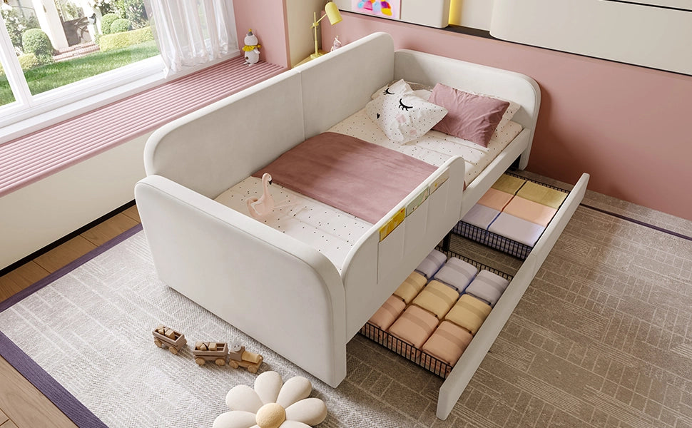 Letto affiancabile per bambini con 2 cassetti su ruote e 3 tasche; velluto bianco; 90x200 cm; senza materasso