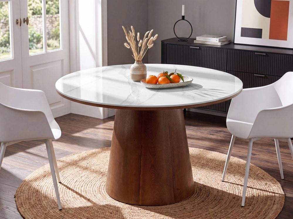 Tavolo da pranzo rotondo in MDF con effetto marmo ceramico, 120 cm, impiallacciato in frassino scuro, bianco design minimalista
