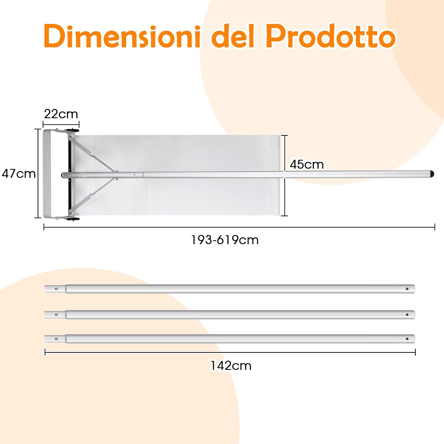 Restrello da Neve per Tetto Lungezza 193-619 cm, Rastrello per Neve Telescopico con 2 Ruote, Restrello in Alluminio Allungabile con 4 Asta Rimozione Neve per Tetto con Tessuto PE