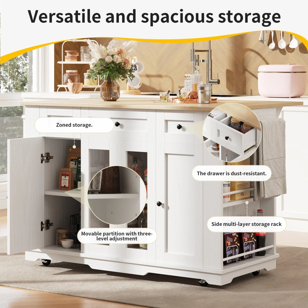 Carrello da Cucina con Cassetto; Vani Contenitore e Piano Ribaltabile; in MDF Metallo e Vetro; Bianco Naturale; 151;5 x 60 x 91;7 cm