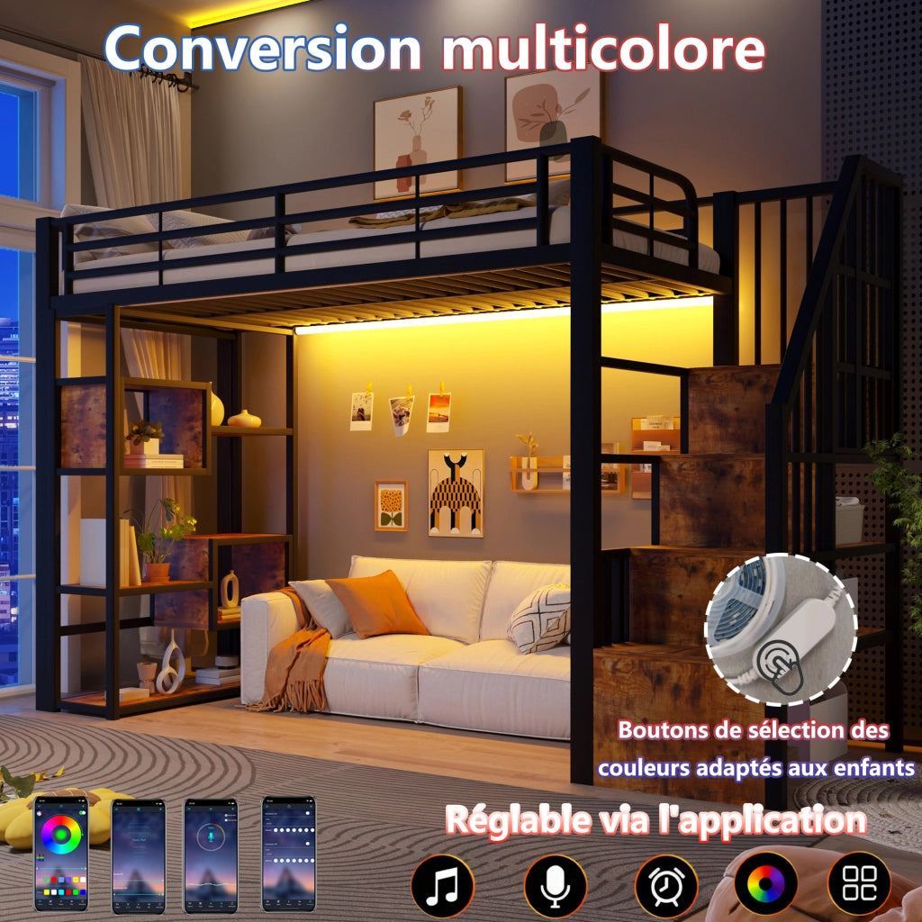 Letto a soppalco 90x200 cm con spazio libero sottostante; LED; ripiano; gradini integrati e parapetto; metallo nero