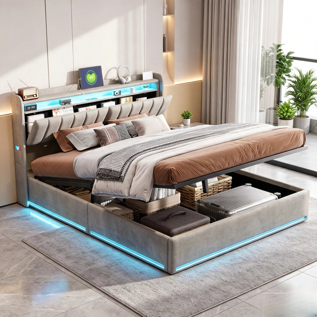 Letto matrimoniale 160x200 con contenitore; letto matrimoniale contenitore con testiera LED; struttura letto matrimoniale imbottita in velluto grigio