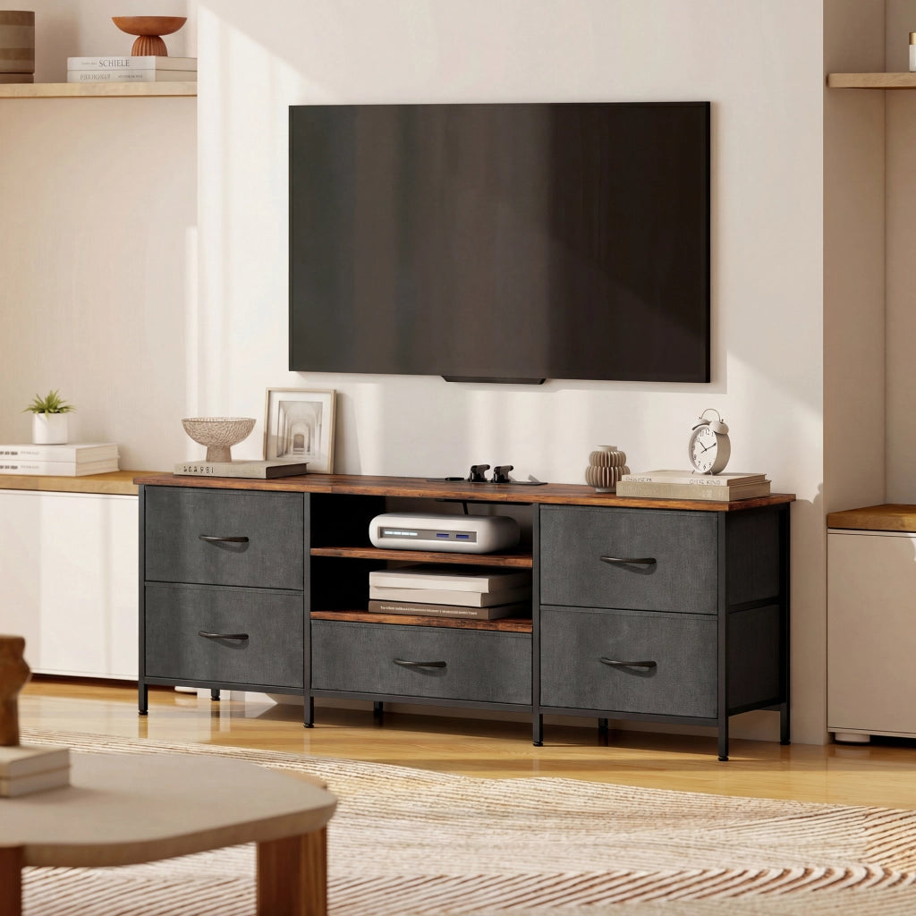Mobile TV con 5 cassetti e stazione di ricarica ¨C zephmum ¨C marrone 140x30x50cm