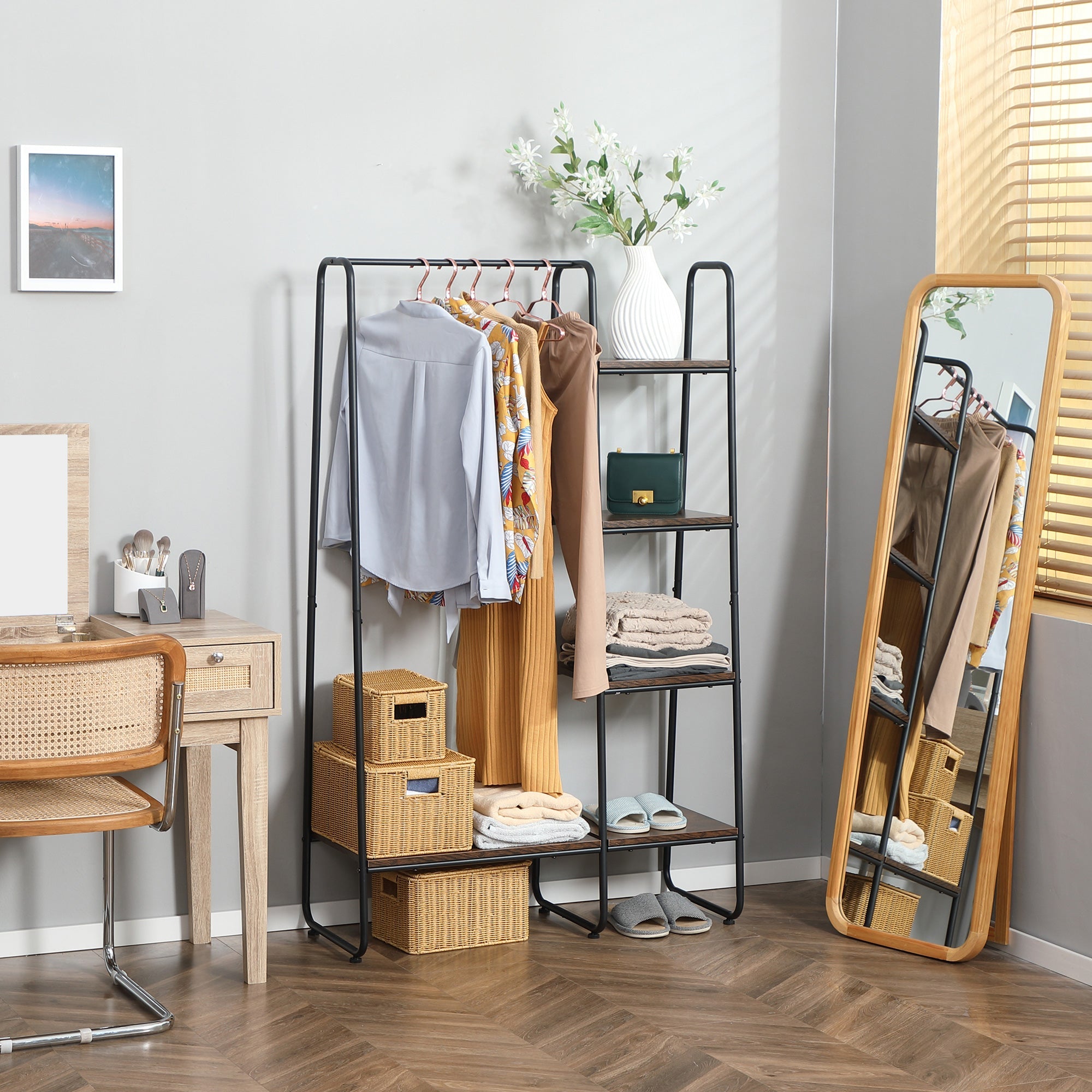 Appendiabiti da Terra con Barra e 5 Ripiani 101x39x160 cm in Legno e Acciaio  Marrone e Nero