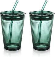 Set di 2 Tazze per Smoothie in Vetro da 450 ml con Coperchio e Strozzapreti