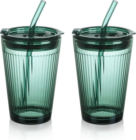 Set di 2 Tazze per Smoothie in Vetro da 450 ml con Coperchio e Strozzapreti
