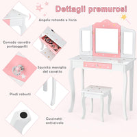 Toeletta Trucco 2 in 1 per Bambina Staccabile, Specchiera per Ragazza in Legno con Giocattoli, Sgabello e Cassetto, Postazione Trucco per Cameretta e Cmera da Letto, 3 Anni 70x35x104cm(Bianco)