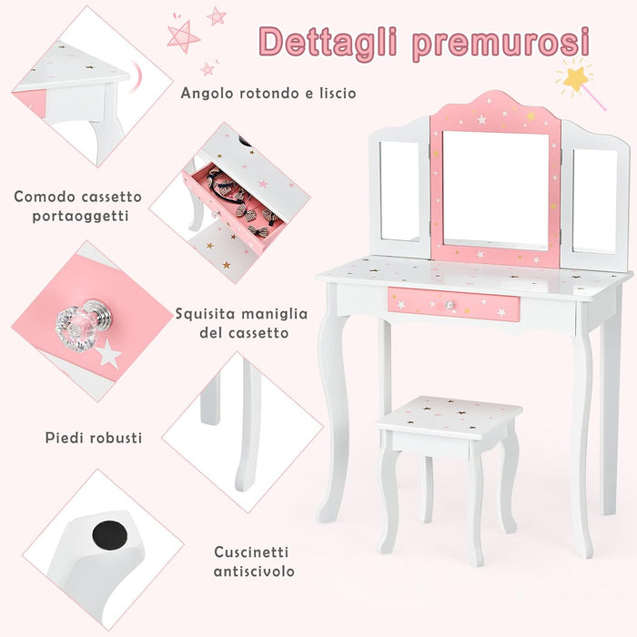 Toeletta Trucco 2 in 1 per Bambina Staccabile, Specchiera per Ragazza in Legno con Giocattoli, Sgabello e Cassetto, Postazione Trucco per Cameretta e Cmera da Letto, 3 Anni 70x35x104cm(Bianco)