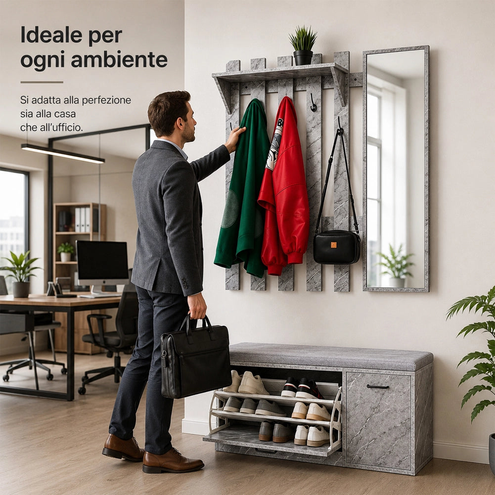 Set Ingresso con Scarpiera e Appendiabiti con Specchio Attaccapanni Grigio Marmo